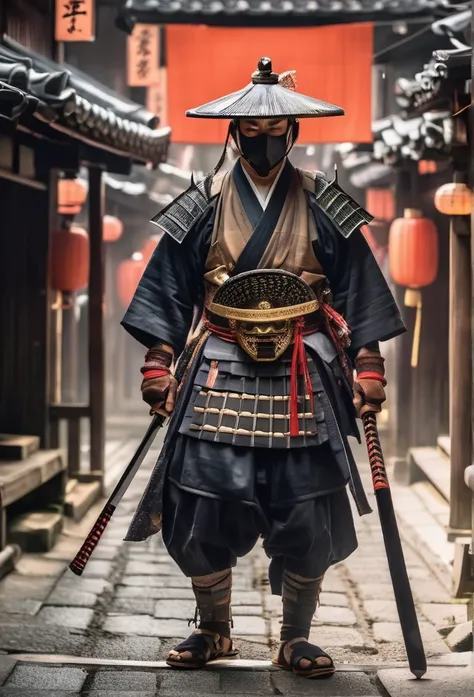 A Japanese warrior ronin with magnificent mask in portrait, the atmosphere is heavy and sad. Its very detailed and in the atmosphere of the old quarter of the time