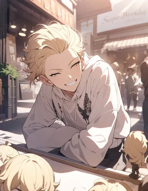 masterpiece，Highest quality，Super detailed，figure，Delicate and detailed，Intricate details，Cinematic Light，Highest qualityのバックライト，1 male, Short fluffy blonde hair, head tilted back, smile, Handsome, Open your mouth, Smug eyes, cool illustration, Street styl...