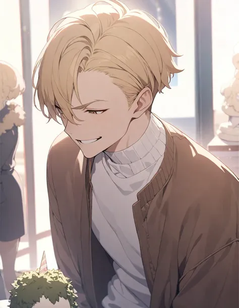 masterpiece，Highest quality，Super detailed，figure，Delicate and detailed，Intricate details，Cinematic Light，Highest qualityのバックライト，1 male, Short fluffy blonde hair, head tilted back, smile, Handsome, Open your mouth, Smug eyes, cool illustration, Street styl...