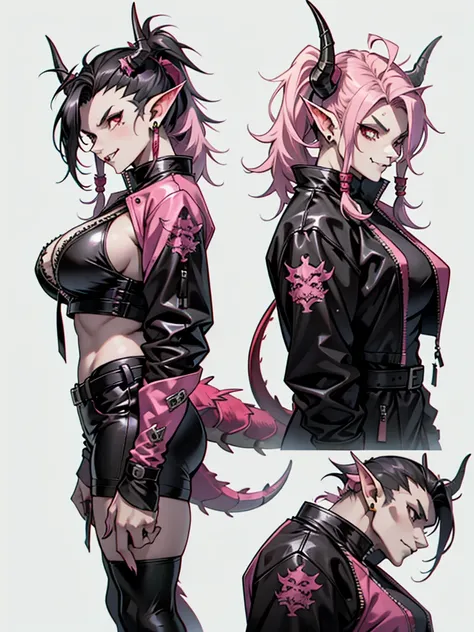 half dragon female with grey skin, with black hair twin tails style, with pink streaks, sharp teeth, biker outfit, dragon tail and dragon horns
