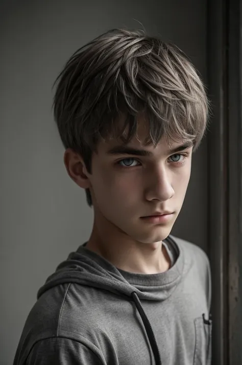 Male teenager with light gray eyes, Messy short dull gray hair and pale skin with indifferent expression and dark clothing