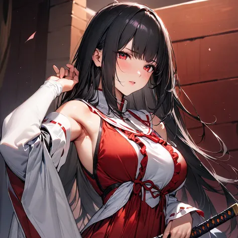 (masterpiece),(Highest quality),(Super detailed),(Best illustrations),(so beautiful), Perfect Face, Perfect hands, Perfect Fingers, hanging breasts, so beautiful長い脚, Black Hair, Red eyes, Long Hair, hime_cut, Removable sleeves, skirt, Frills, red skirt, Wi...