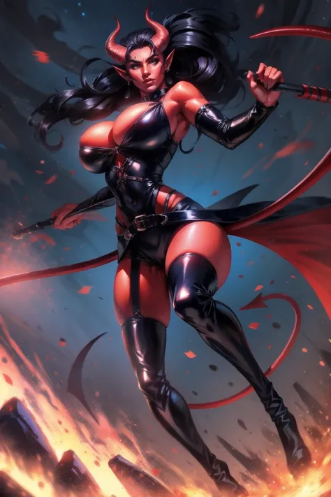 Red skin succubus tiefling, medium breasts, black horns, wings, huge tail, black leather, tall, toned, graceful, thin, long black ponytail. Action scene, whip. Dark scene, explosions, night sky.