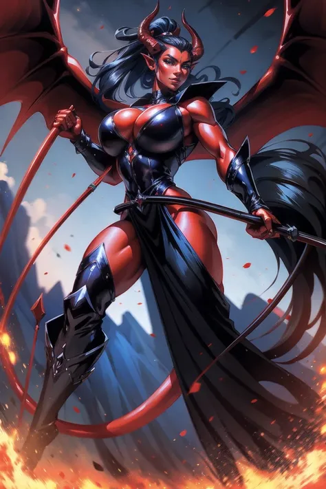 Red skin succubus tiefling, medium breasts, black horns, wings, huge tail, black leather, long flowing pelvic curtain, tall, toned, graceful, thin, long black ponytail. Action scene, whip. Dark scene, explosions, night sky.