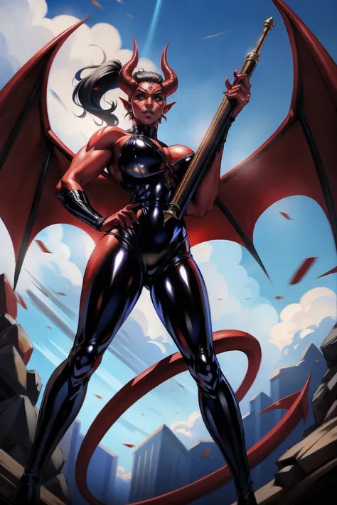 Red skin succubus tiefling, medium breasts, black horns, wings, huge tail, black leather, tall, toned, graceful, thin, long black ponytail. Action scene, shotgun.