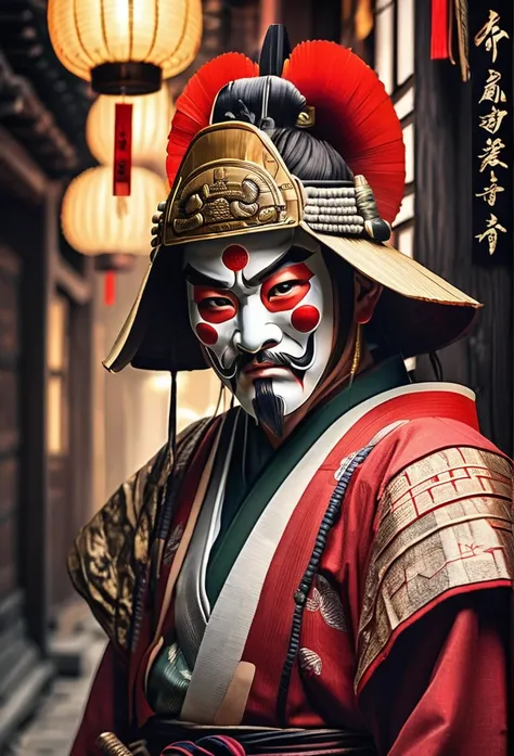 A Japanese warrior ronin with magnificent mask in portrait, the atmosphere is heavy and sad. Its very detailed and in the atmosphere of the old quarter of the time