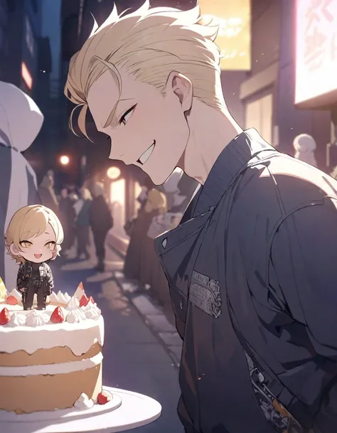 masterpiece，Highest quality，Super detailed，figure，Delicate and detailed，Intricate details，Cinematic Light，Highest qualityのバックライト，1 male, Short fluffy blonde hair, head tilted back, smile, Handsome, Open your mouth, Smug eyes, cool illustration, Street styl...