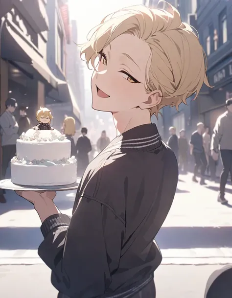 masterpiece，Highest quality，Super detailed，figure，Delicate and detailed，Intricate details，Cinematic Light，Highest qualityのバックライト，1 male, Short fluffy blonde hair, head tilted back, smile, Handsome, Open your mouth, Smug eyes, cool illustration, Street styl...