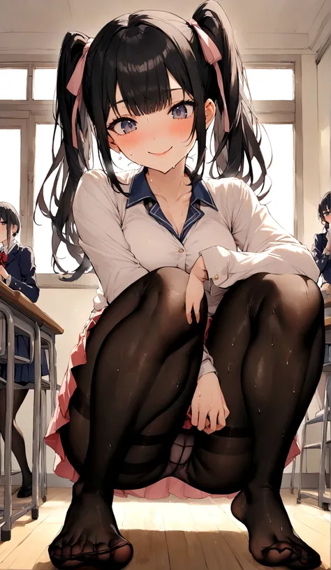 Yankee high school girl、One girl in a mini skirt, Squat with your legs wide apart、Looking down at the viewer, Twin tails, Highest quality, Focus on the thighs, Dynamic pose, smile, blazer, blouse, Black Pantyhose, panties under pantyhose, , classroom, Blac...