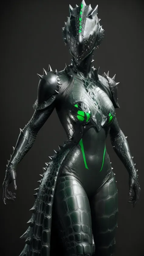 beautiful girl fused with a crocodile. (high quality) （black and dark green image color）. body suit. cyber style. she have great...