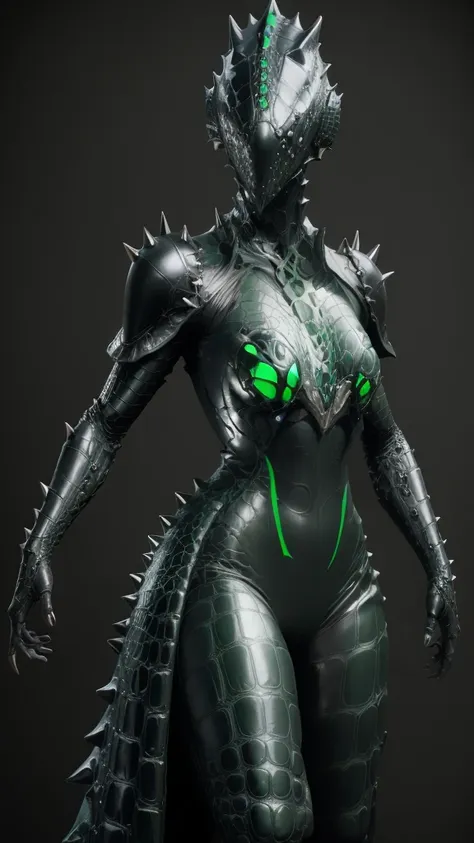 beautiful girl fused with a crocodile. (high quality) （black and dark green image color）. body suit. cyber style. she have great...