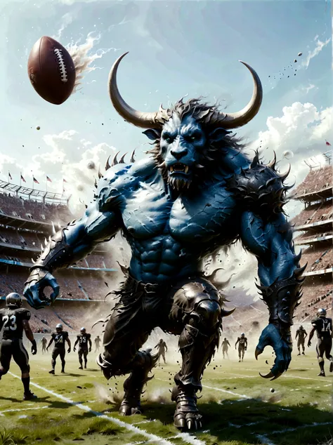 Generate an image of a fantastical sports scene, with action taking place on a pitch that combines American football and fantasy elements. There is a muscular, horned humanoid creature, similar to a Minotaur, who is graspping the ball tightly in his hands....