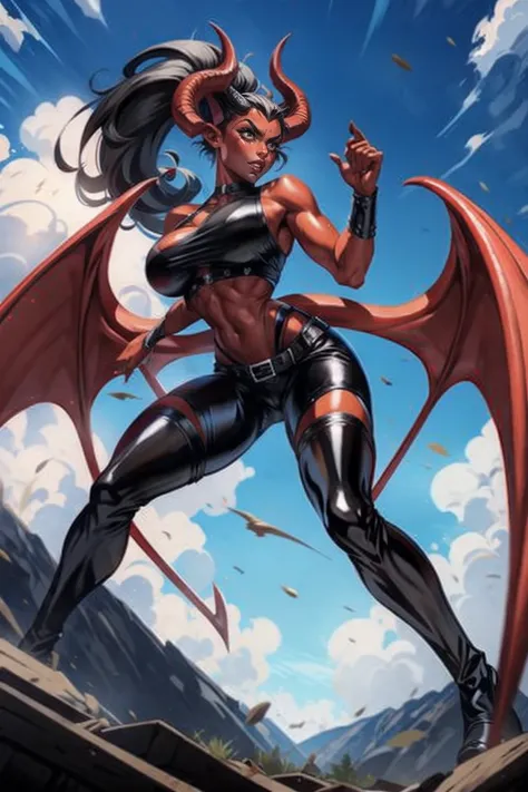 Red skin succubus tiefling, medium breasts, black horns, wings, huge tail, black leather, crop top, tall, toned, graceful, thin, long black ponytail. Action scene, shotgun.