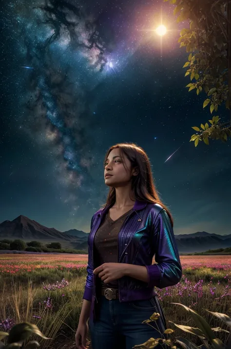 expansive landscape photograph , (a view from below that shows sky above and open field below), a girl standing on flower field looking up, (full moon:1.2), ( shooting stars:0.9), (nebula:1.3), distant mountain, tree BREAK
production art, (warm light sourc...