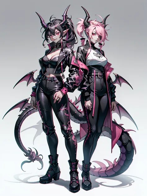 female half dragon with grey skin, with black hair twin tails style, with pink streaks, sharp teeth, black biker outfit, dragon ...