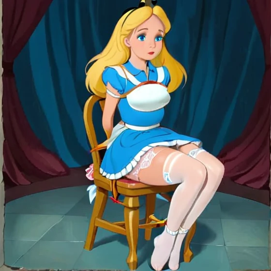 wxaliwonlan, 1girl, solo, long hair, blue eyes,full  body, barefoot, sit tied to a chair, blonde hair, alice (alice in wonderland), disney cartoon, masterpiece, best quality, upskirt view, front view, white panties, white stockings, hands lifting skirt