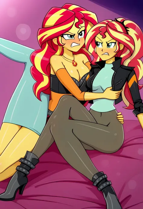 Eqg  adagio  bodystocking kiss  angry sunset shimmer 