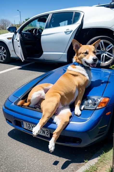 Dog lying next to car on body of car in sunny weather with blue sky