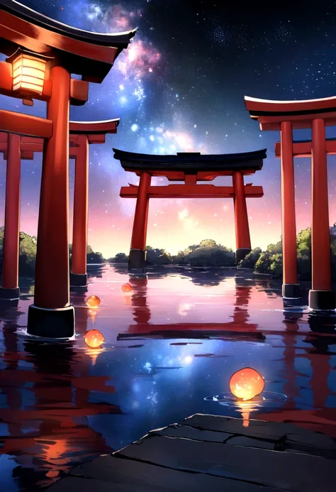 A space landscape with the Earth at the center、Digital art with high definition and vivid colors。Galaxy and stars in the background々Spread、In the foreground is a traditional Japanese torii gate.、Several small torii gates are reflected on the water surface,...