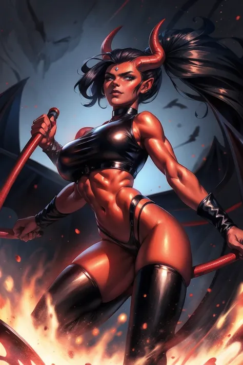 Red skin succubus tiefling, medium breasts, black horns, wings, huge tail, black leather, crop top, thong, tall, toned, graceful, thin, long black ponytail. Action scene, whip. Dark scene, explosions, night sky.