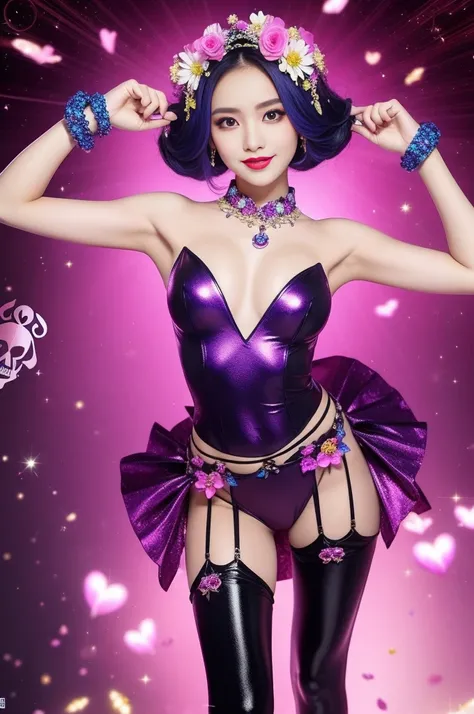 sexy Thai model who controls poison、beautiful smile、lipgloss、bold lipstick、intense makeup、look at the camera、full body Esbian、、sparkling poisoned flower costume、、、、sparkling Colorful hair、secrete poison、skull hair accessories、sexy tights、shiny sparkling fl...