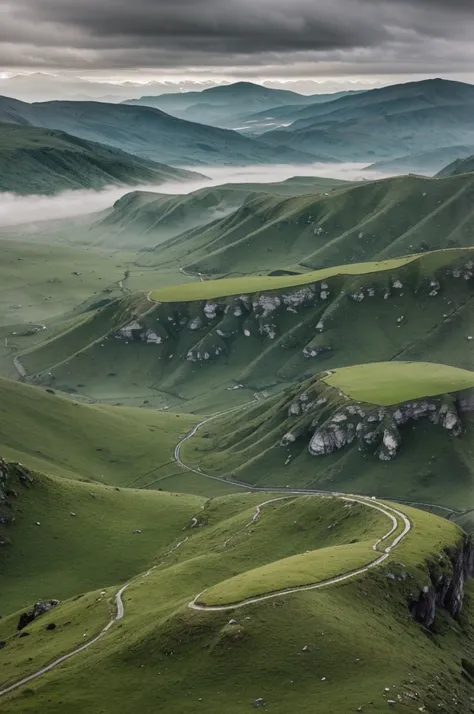 A landscape of green hills dotted with black rocks under a cloudy gray sky. A green and desolate plateau where in the distance you can see steep mountains shrouded in fog. Lonely and melancholic atmosphere, with a cold and wet breeze.