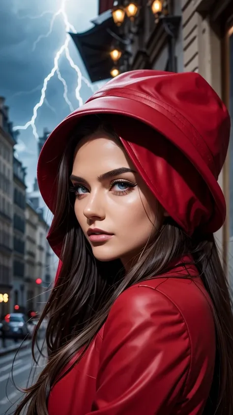 (realistic:0.2), anime illustration, 1girl,, red coat, big red hat, in paris france, sfw, black pants, black office shirt,, carmen sandiego,, blue sky,, long hair,, dramatic lightning, lights, epic lights, light on face, backlit, face light, lit face, fill...