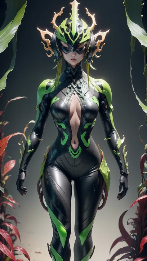 Beautiful girl fused with a Nepenthes. (High quality) （black and Green image color）. body suit. cyber style. Circuit pattern. Biological Armor. Biological helmet. eye mask.