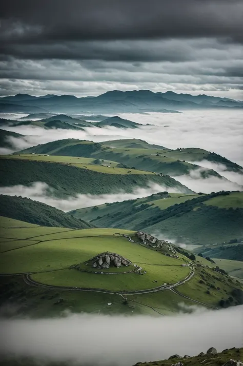 A landscape of green hills dotted with black rocks under a cloudy gray sky. A green and desolate plateau where in the distance you can see steep mountains shrouded in fog. Lonely and melancholic atmosphere, with a cold and wet breeze.