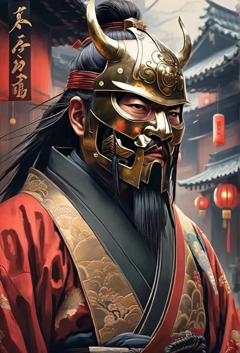 A Japanese warrior ronin with magnificent mask in portrait, the atmosphere is heavy and sad. Its very detailed and in the atmosphere of the old quarter of the time