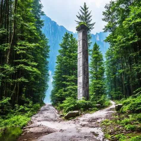 In a karst forest，There is a stone pillar that leads directly to the Heavenly Street，White liquid is flowing out all over the sky