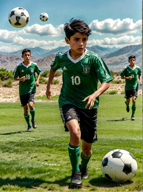 A young Hispanic boy with short black hair enthusiastically playing football. Hes wearing a green and white jersey, black shorts, and football boots. His eyes are solely focused on the approaching ball, as he is about to kick it with all his might. His exp...