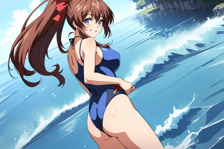 masterpiece, super high quality, Very detailed, Perfect drawing, alone, girl, 一人のgirl,(((Ultra high cut swimsuit))),Browsing Caution,Big Breasts,Cowboy Shot,Bewitching Smile、Beautiful Teeth、Stick your butt out、look back、