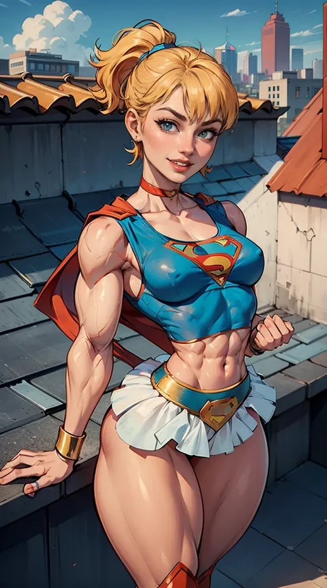 (Muscular:1.9), (thick thighs:1.8),
blonde female, (supergirl:1.5), (big smile:1.7), (blunt bangs), (ponytail:0.8),
earrings, lipstick, eyeshadow,
hard nipples, (small breasts:2),
(blue sleeveless tanktop, midriff, tutu:1.9), (small cape:1.3), (choker:1.2)...