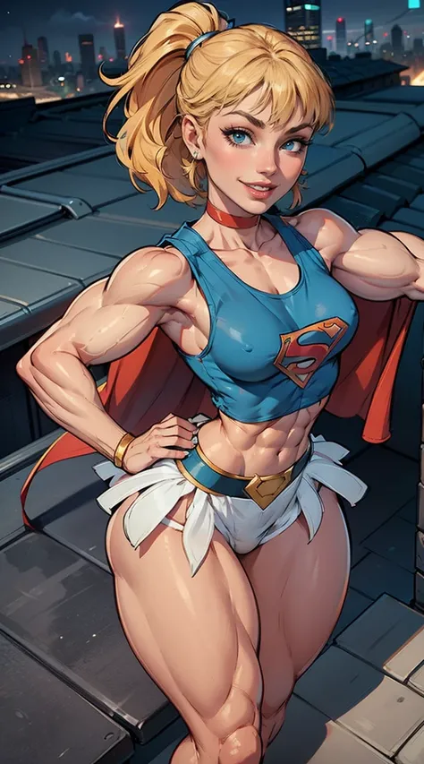 (Muscular:1.9), (thick thighs:1.8),
blonde female, (supergirl:1.5), (big smile:1.7), (blunt bangs), (ponytail:0.8),
earrings, lipstick, eyeshadow,
hard nipples, (small breasts:2),
(blue sleeveless tanktop, midriff, tutu:1.9), (small cape:1.3), (choker:1.2)...