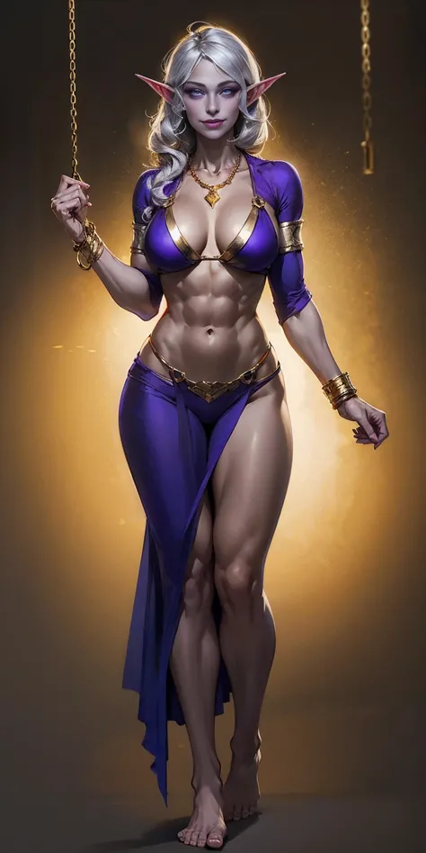 ((1 girl)) full body standing barefoot, gray skin, drow, elf, Madura, Detailed happy face, purple eyes, by white, gold bikini, well defined six pack abs, Large knockers, gold chain necklace, golden bracers, purple background