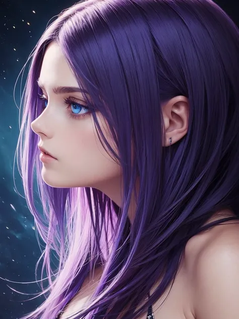 ((masterpiece, Highest quality, Official Art, beautiful)), (profile), Girl, Pansy hair color, Blue Eyes, prophet, Parallel eyebrows, Fantasy, dark, mysterious, Romanian