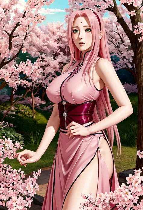 High quality masterpiece, sakura haruno, An anime woman with pink hair and green eyes with big breasts, very stylish dress, sakura haruno, Digital art style, high resolution, realistic ART, sakura haruno, Harunos Sakura, Solo, 1 girl, long hair, long hair,...