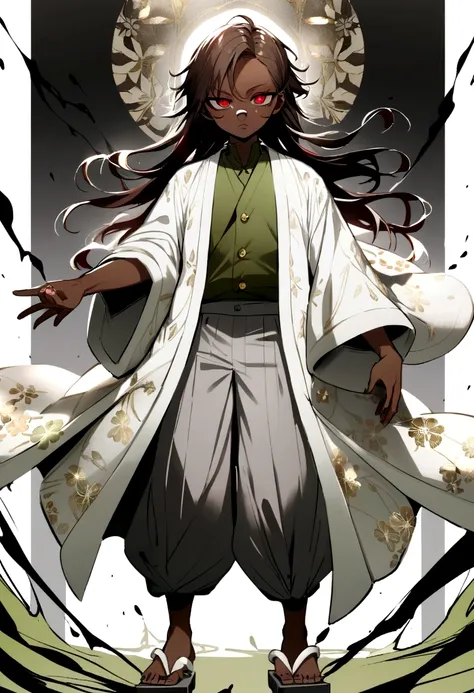 young male, demonic traits, has an unparalleled beauty, long wavy brown hair, ruby red eyes, BROWN SKIN, parts,diamond face, slightly small and oval lips, splattered nose, medium complexion, olive green sleeveless button down shirt, Gray haakama pants and ...