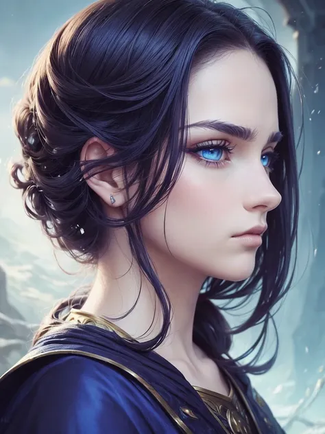 ((masterpiece, Highest quality, Official Art, beautiful)), ((profile)), Girl, Pansy hair color, Blue Eyes, prophet, Sad look, Parallel eyebrows, Fantasy, dark, mysterious, Romanian