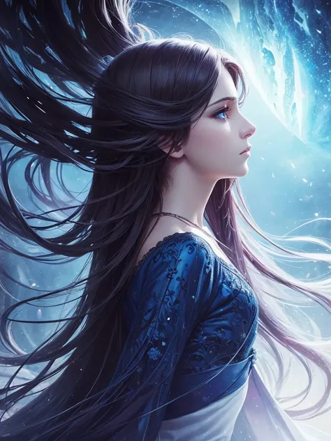 ((masterpiece, Highest quality, Official Art, beautiful)), ((profile)), Girl, Pansy hair color, Blue Eyes, prophet, Sad look, Parallel eyebrows, Fantasy, dark, mysterious, Romanian