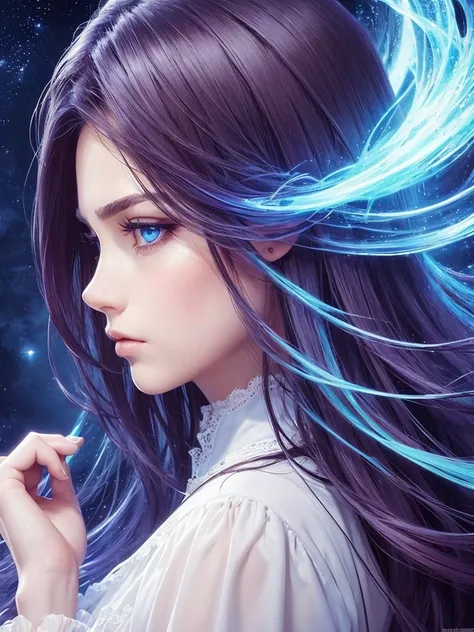 ((masterpiece, Highest quality, Official Art, beautiful)), ((profile)), Girl, Pansy hair color, Blue Eyes, prophet, Sad look, Parallel eyebrows, Fantasy, dark, mysterious, Romanian