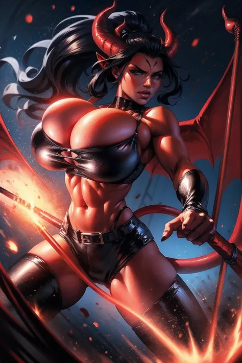 Red skin succubus tiefling, medium breasts, black horns, wings, huge tail, black leather, cleavage, crop top, thong, tall, toned, graceful, thin, long black ponytail. Action scene, whip. Dark scene, explosions, night sky.