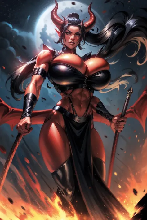 Red skin succubus tiefling, large breasts, black horns, wings, huge tail, black leather, crop top, long flowing pelvic curtain, tall, toned, graceful, thin, long black ponytail. Action scene, whip. Dark scene, explosions, night sky.