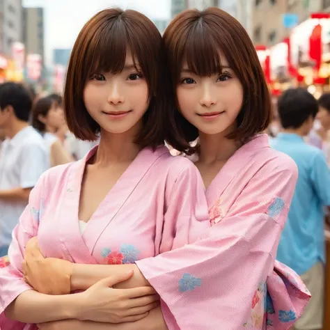 japanese 2 girls, they are twins of same tall,standing at the tanabata festival venue, (wearing a japanese pink yukata:2),(photo...