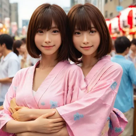 japanese 2 girls, they are twins of same tall,standing at the tanabata festival venue, (wearing a japanese pink yukata:2),(photo...