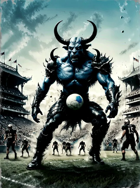 Generate an image of a fantastical sports scene, with action taking place on a pitch that combines American football and fantasy elements. There is a muscular, horned humanoid creature, similar to a Minotaur, who is graspping the ball tightly in his hands....