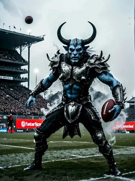 Generate an image of a fantastical sports scene, with action taking place on a pitch that combines American football and fantasy elements. There is a muscular, horned humanoid creature, similar to a Minotaur, who is graspping the ball tightly in his hands....