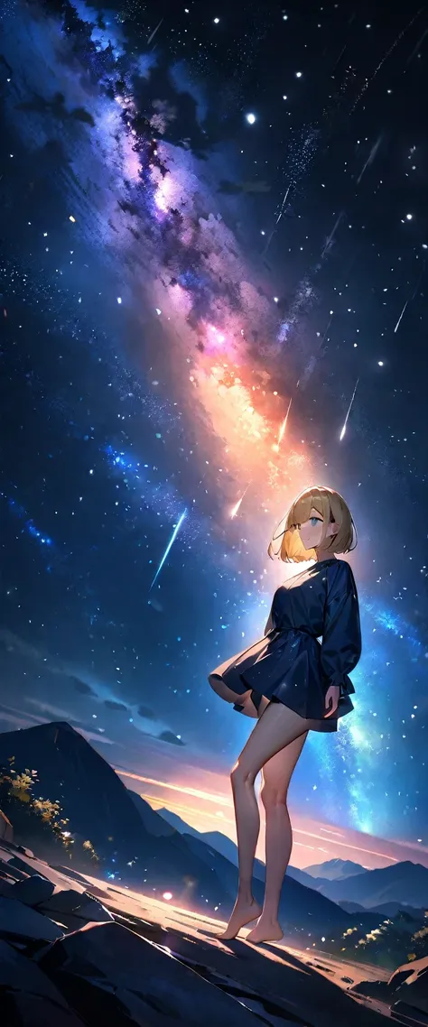 (((A meteor shower dancing in the night sky, countless stars twinkling in the clear air, a beautiful starry sky, the Milky Way shining beautifully in the night))), mountain, wide shot, a girl, bob cut, bare legs, bare foot, blond hair, (best quality, 4K, 8...