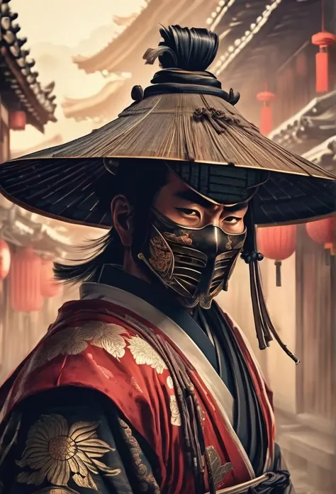 A Japanese warrior ronin with magnificent mask in portrait, the atmosphere is heavy and sad. Its very detailed and in the atmosphere of the old quarter of the time